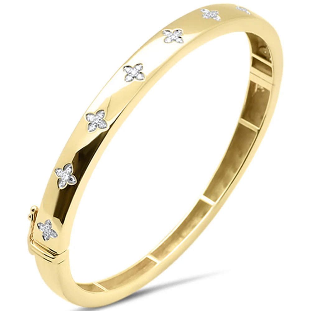 Yellow Gold Round Diamond Clover Style Bangle Bracelet