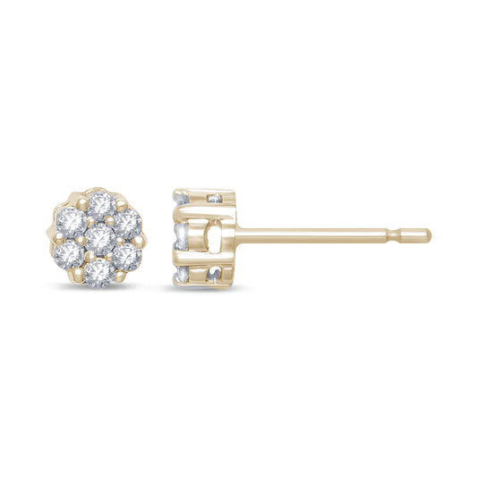 .21ct 14K Yellow Gold Round Flower Micro Pave Diamond Stud Earrings